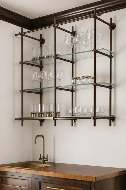 Wall-Mounted Bronze Brass Bistro Shelving with Glass, 2-Bay – 50” Wide