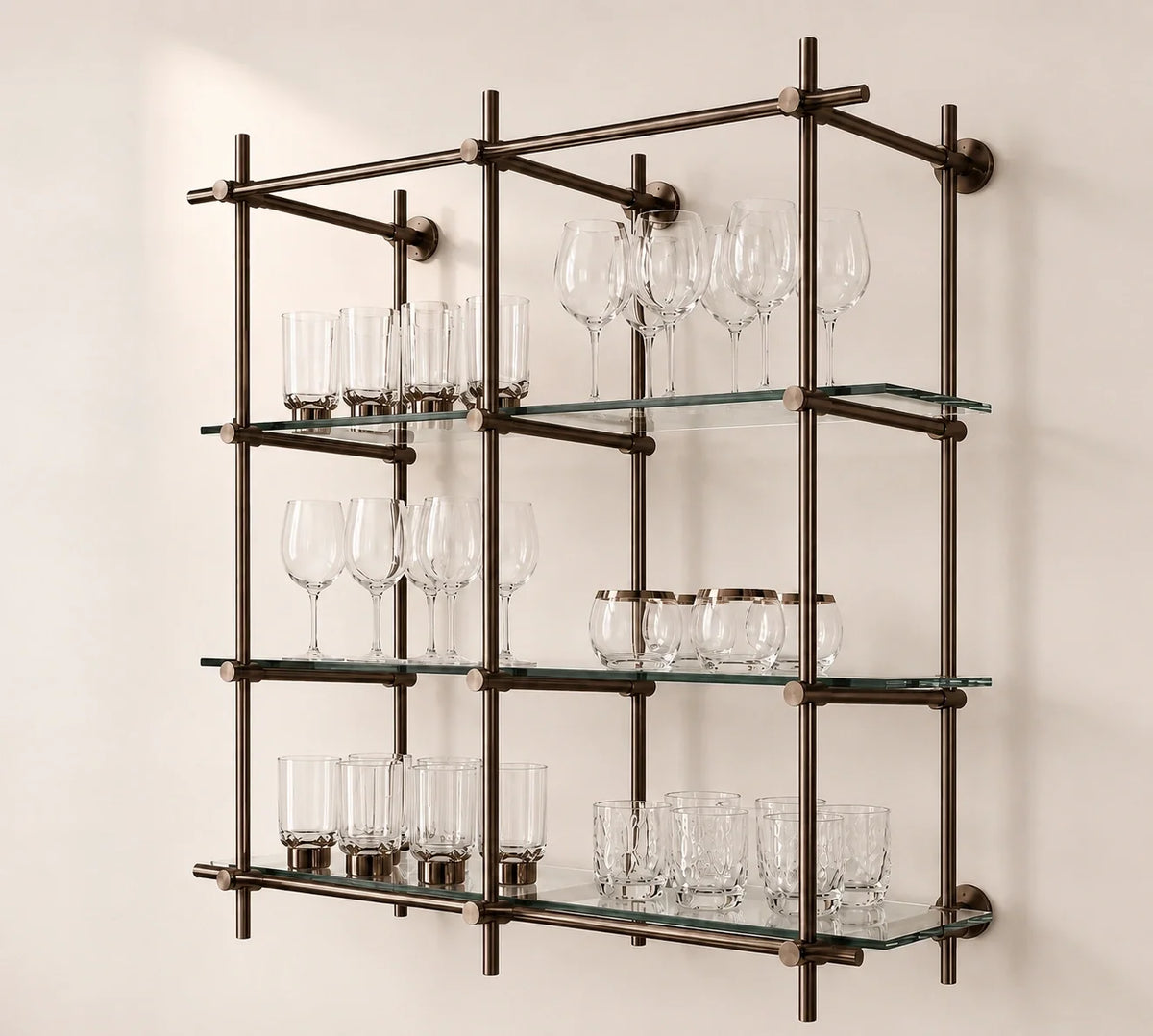 Wall-Mounted Bronze Brass Bistro Shelving with Glass, 2-Bay – 50” Wide