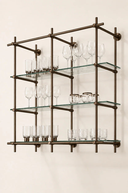 Wall-Mounted Bronze Brass Bistro Shelving with Glass, 2-Bay – 50” Wide