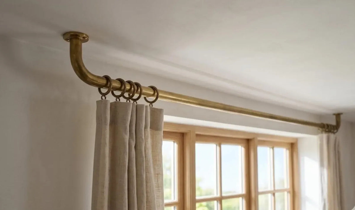 Ceiling Curtain Rod – French Return Curtain Rod With Brass Rings, Unlacquered brass