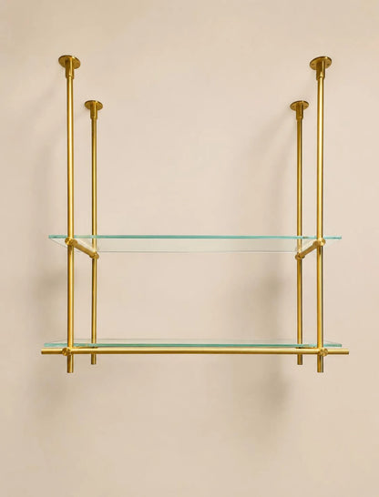 Ceiling Mounted Brass Bistro Shelving with Glass Shelves,  15" Deep Kitchen Shelf | Wine Display & Coffee Bar Shelf