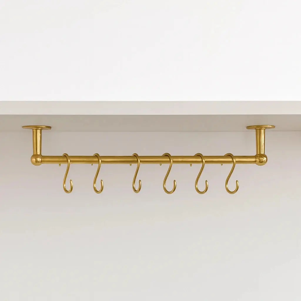 Ceiling Mounted Brass Rod with S-Hooks – Rustic Heavy Duty Hanging Bar