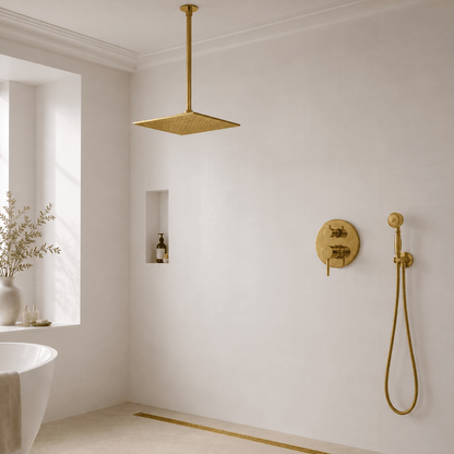 Unlacquered Brass 2-Outlet Shower, Ceiling Shower System, Overhead Shower With Handheld, Ceiling Mount Showerhead And Hand Shower