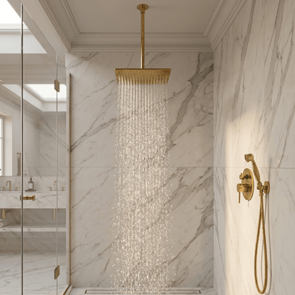 Unlacquered Brass 2-Outlet Shower, Ceiling Shower System, Overhead Shower With Handheld, Ceiling Mount Showerhead And Hand Shower
