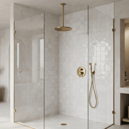 Unlacquered Brass 2-Outlet Shower, Ceiling Shower System, Overhead Shower With Handheld, Ceiling Mount Showerhead And Hand Shower