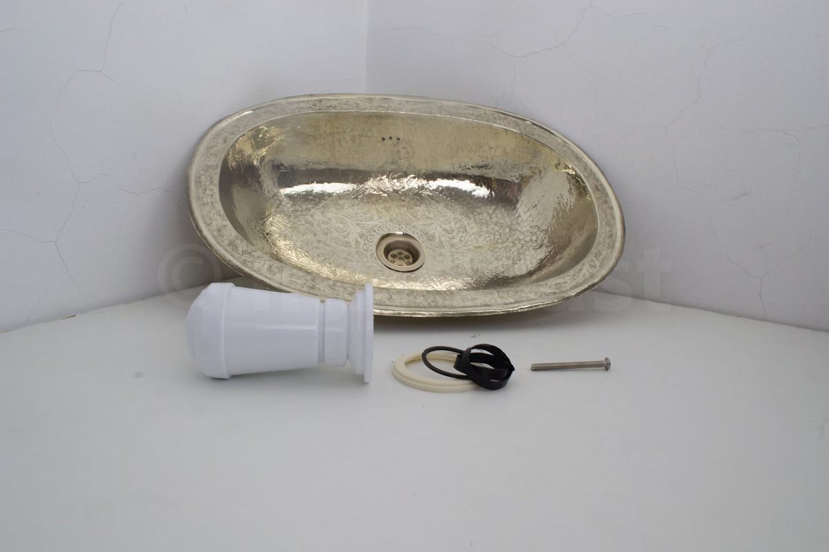 Engraved German Silver Sink, Moroccan Drop In Bathroom Vanity Sink (17.8”x11”)