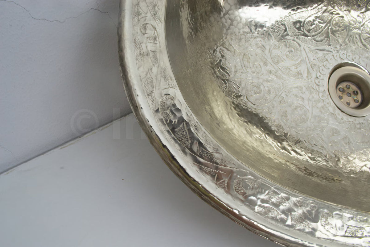 Engraved German Silver Sink, Moroccan Drop In Bathroom Vanity Sink (17.8”x11”)