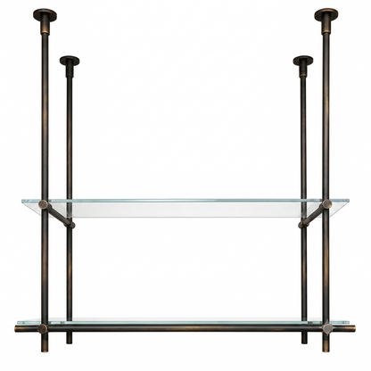 Dark Brass Ceiling Mounted Shelving With Glass, 40 inches x 50 inches x 10 inches