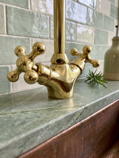 Unlacquered Brass Kitchen Faucet – High-Arch 360° Swivel Mixer Tap with Dual Cross Handle