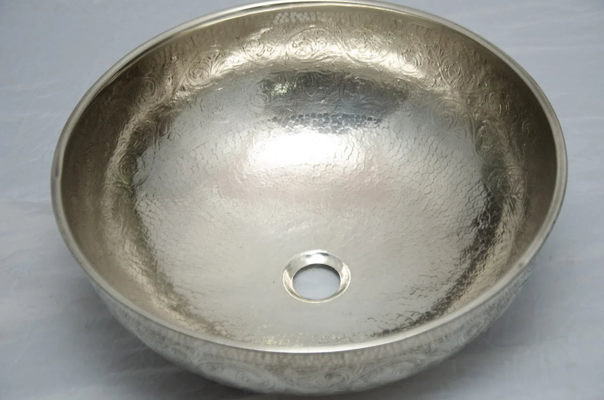German Silver Bathroom Sink, Handcrafted Hammered Round Vessel Sink
