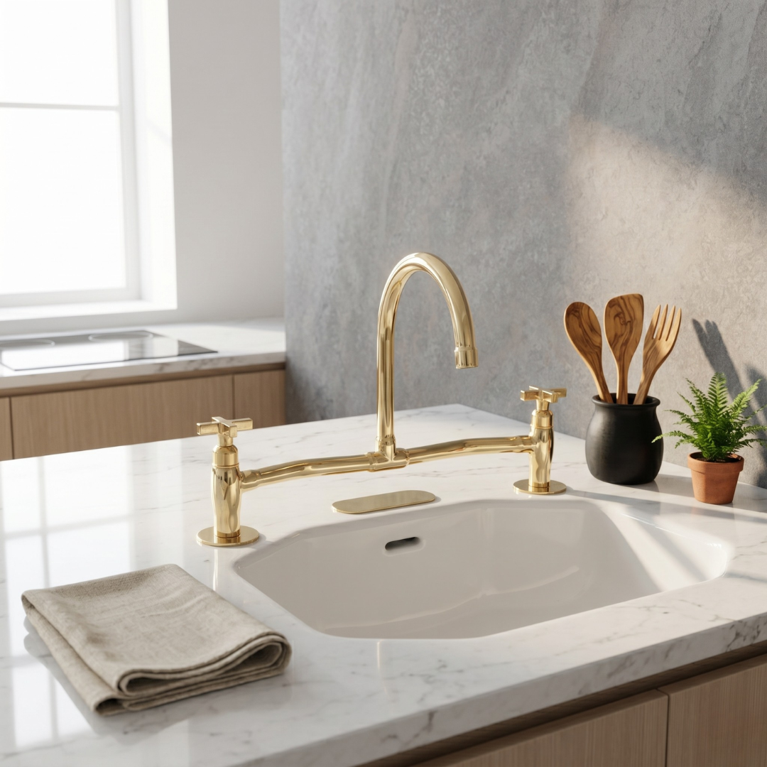 Unlacquered Brass Bridge Faucet, High Arc Gooseneck Sink Mixer with Cross Handles, Vintage Gold Deck Mount Tap