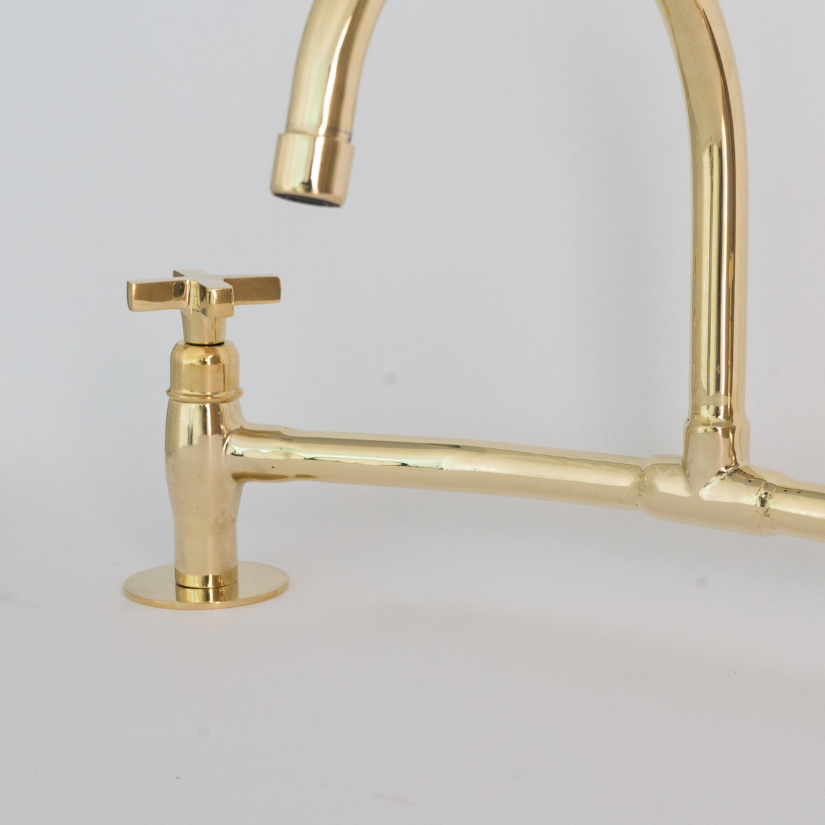 Unlacquered Brass Bridge Faucet, High Arc Gooseneck Sink Mixer with Cross Handles, Vintage Gold Deck Mount Tap