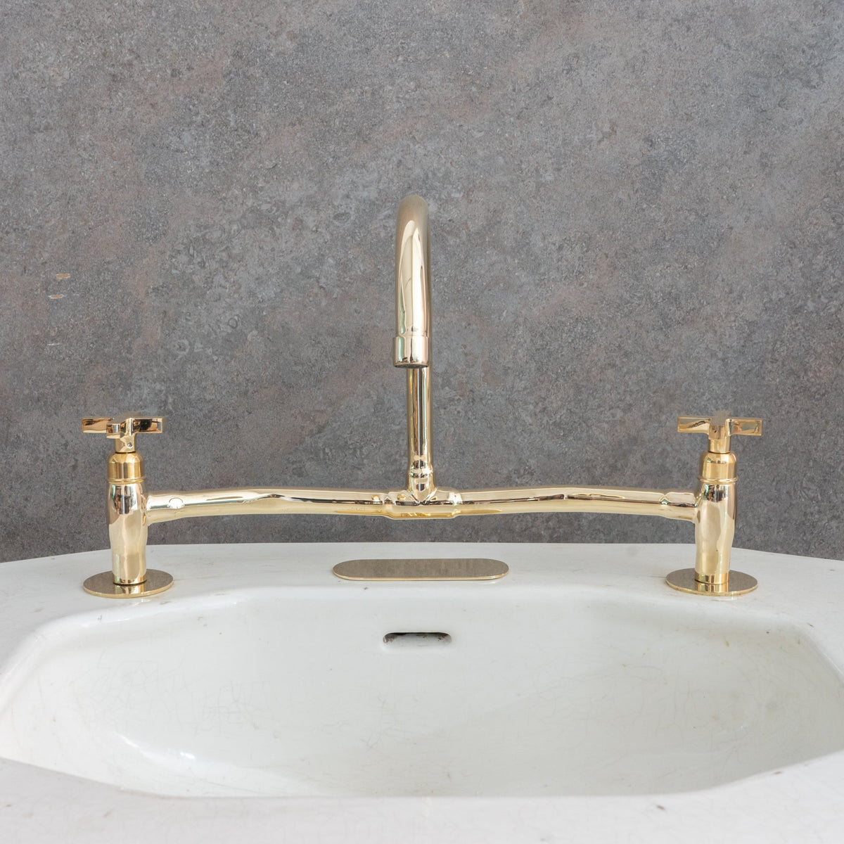 Unlacquered Brass Bridge Faucet, High Arc Gooseneck Sink Mixer with Cross Handles, Vintage Gold Deck Mount Tap