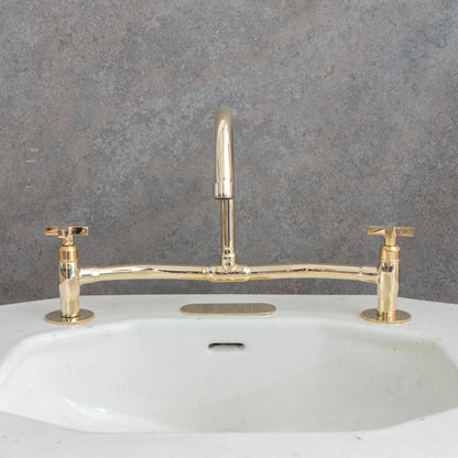 Unlacquered Brass Bridge Faucet, High Arc Gooseneck Sink Mixer with Cross Handles, Vintage Gold Deck Mount Tap
