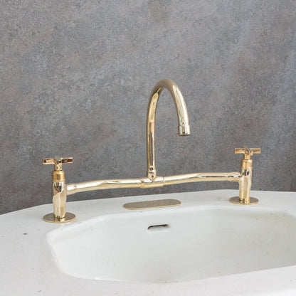 Unlacquered Brass Bridge Faucet, High Arc Gooseneck Sink Mixer with Cross Handles, Vintage Gold Deck Mount Tap