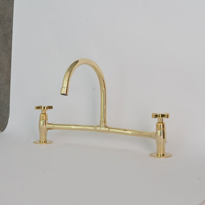 Unlacquered Brass Bridge Faucet, High Arc Gooseneck Sink Mixer with Cross Handles, Vintage Gold Deck Mount Tap
