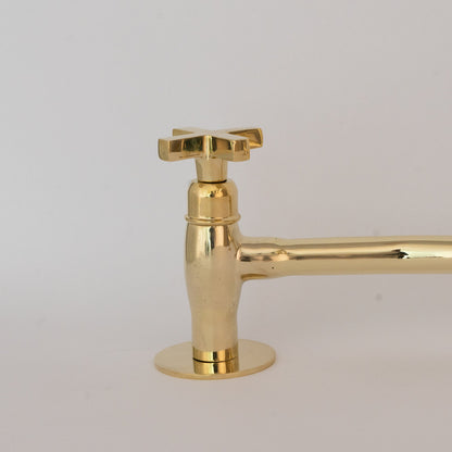 Unlacquered Brass Bridge Faucet, High Arc Gooseneck Sink Mixer with Cross Handles, Vintage Gold Deck Mount Tap