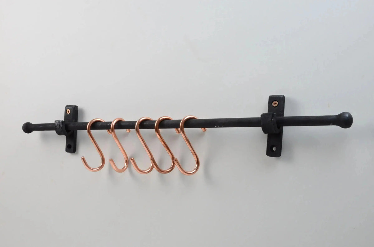 Iron Pot Rack With Copper Hooks, Black Wrought Iron