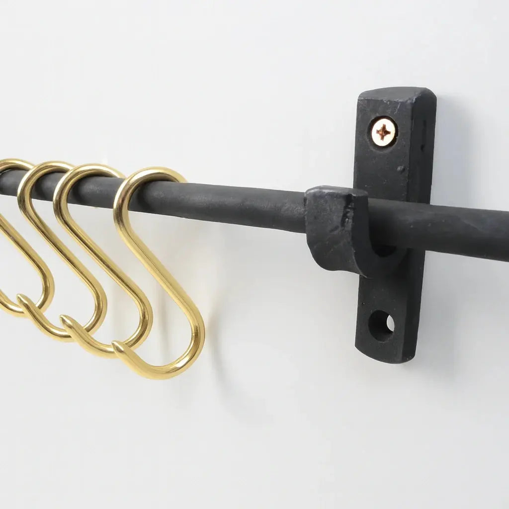 Iron Pot Rail With Brass S-Hooks For Kitchen Storage