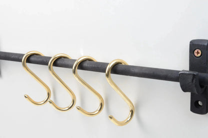 Iron Pot Rail With Brass S-Hooks For Kitchen Storage