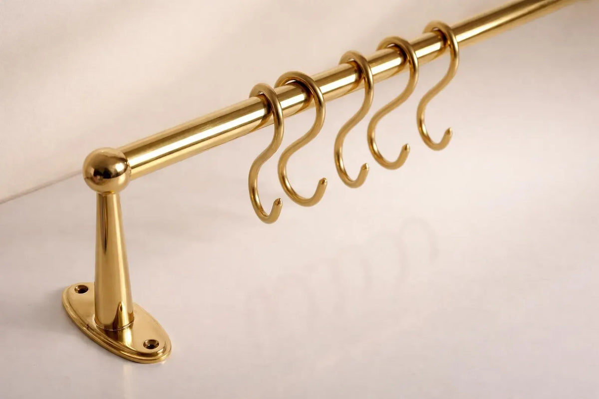 Solid Brass Wall-Mounted Pot Rack with S Hooks – 16 mm Rod – Polished Brass Finish