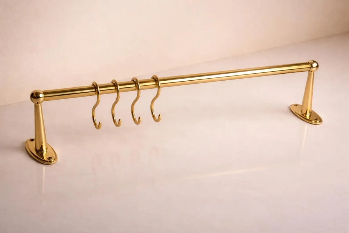 Solid Brass Wall-Mounted Pot Rack with S Hooks – 16 mm Rod – Polished Brass Finish