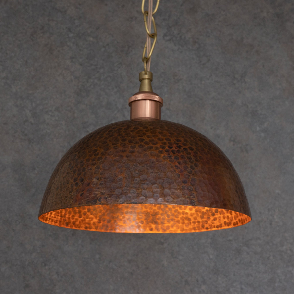 Textured Antique Copper Dome Pendant - Hand-Hammered Moroccan Industrial Hanging Light