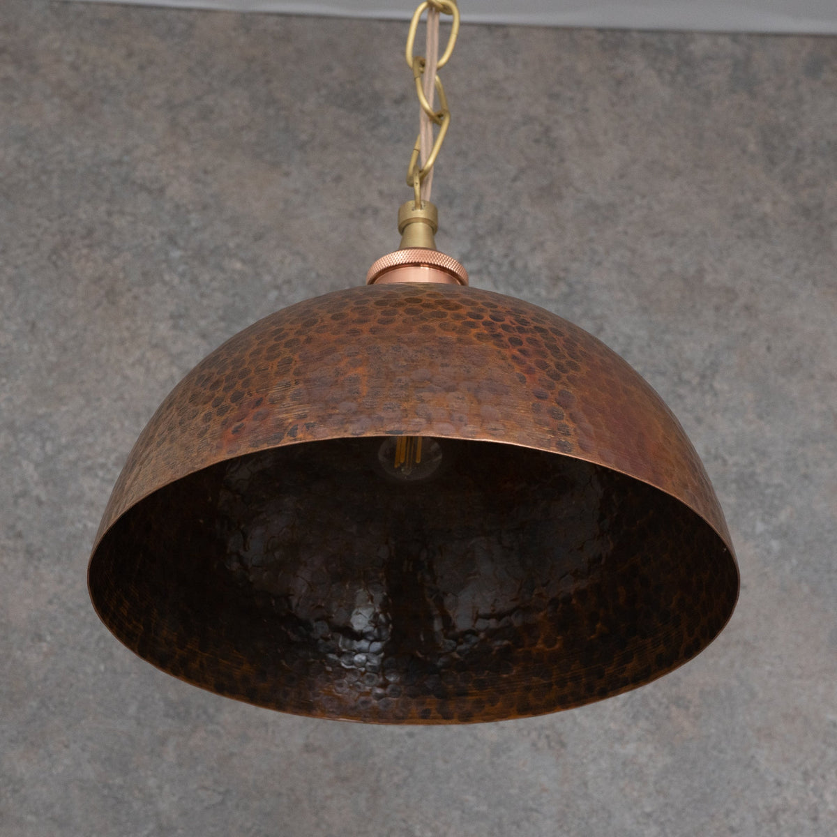 Textured Antique Copper Dome Pendant - Hand-Hammered Moroccan Industrial Hanging Light