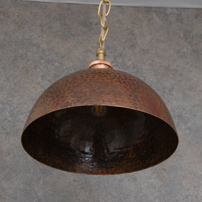 Textured Antique Copper Dome Pendant - Hand-Hammered Moroccan Industrial Hanging Light