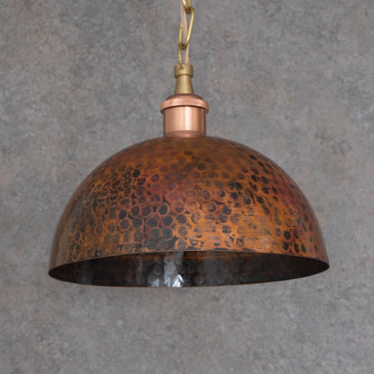 Textured Antique Copper Dome Pendant - Hand-Hammered Moroccan Industrial Hanging Light