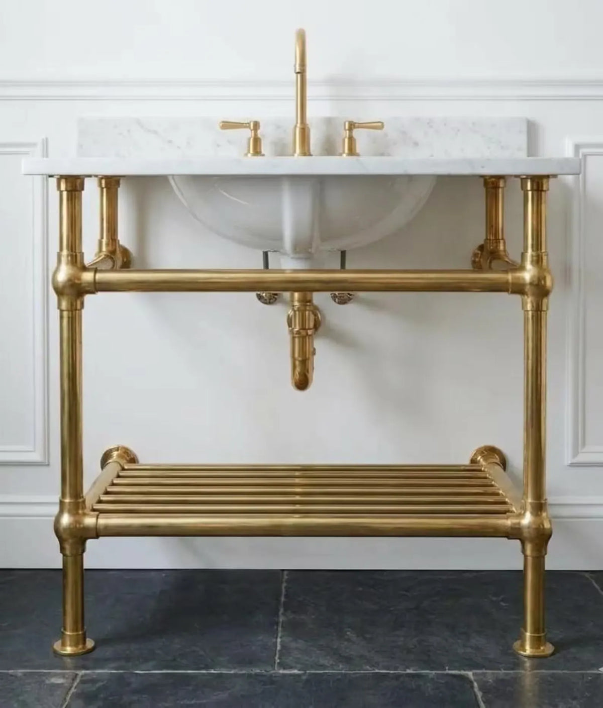 Brass Sink Console, Vintage Washstand Frame With Shelf Only ,Solid Brass Legs
