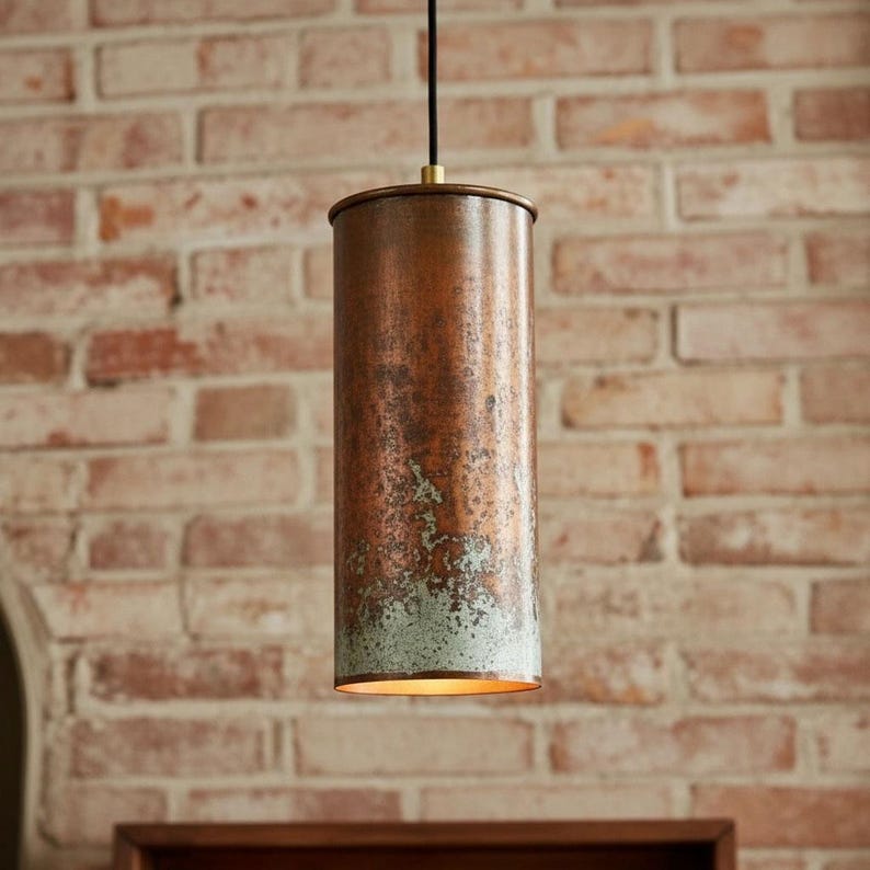 Tall Aged Copper Cylinder Pendant – Handmade Rustic Patina Light