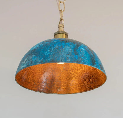 Turquoise Patina Copper Pendant Light, Hammered Dome Industrial Kitchen Island Lighting