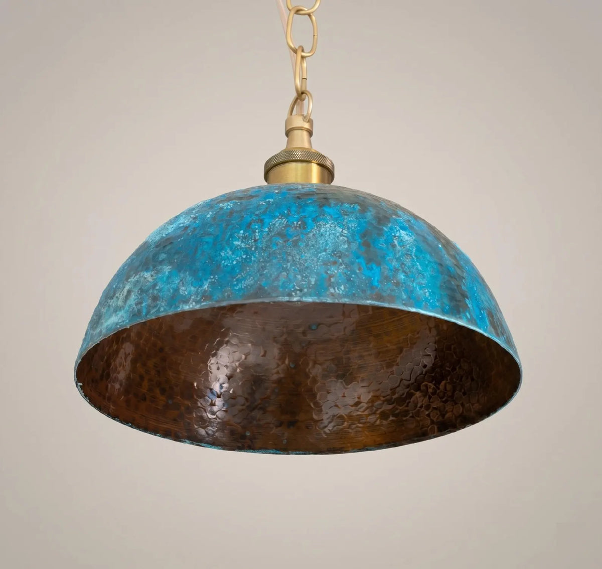 Turquoise Patina Copper Pendant Light, Hammered Dome Industrial Kitchen Island Lighting