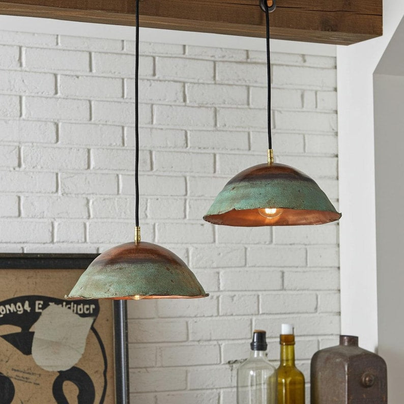 Handmade Green Patina Copper Dome Pendant – Rustic Kitchen Lighting