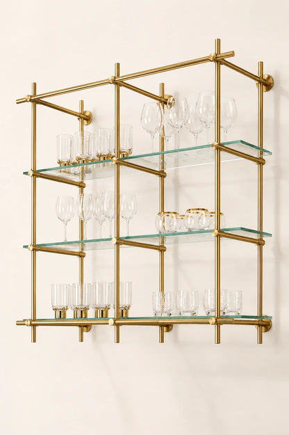 Wall-Mounted Solid Brass Bistro Shelving with Glass, 2-Bay – 50″ Wide
