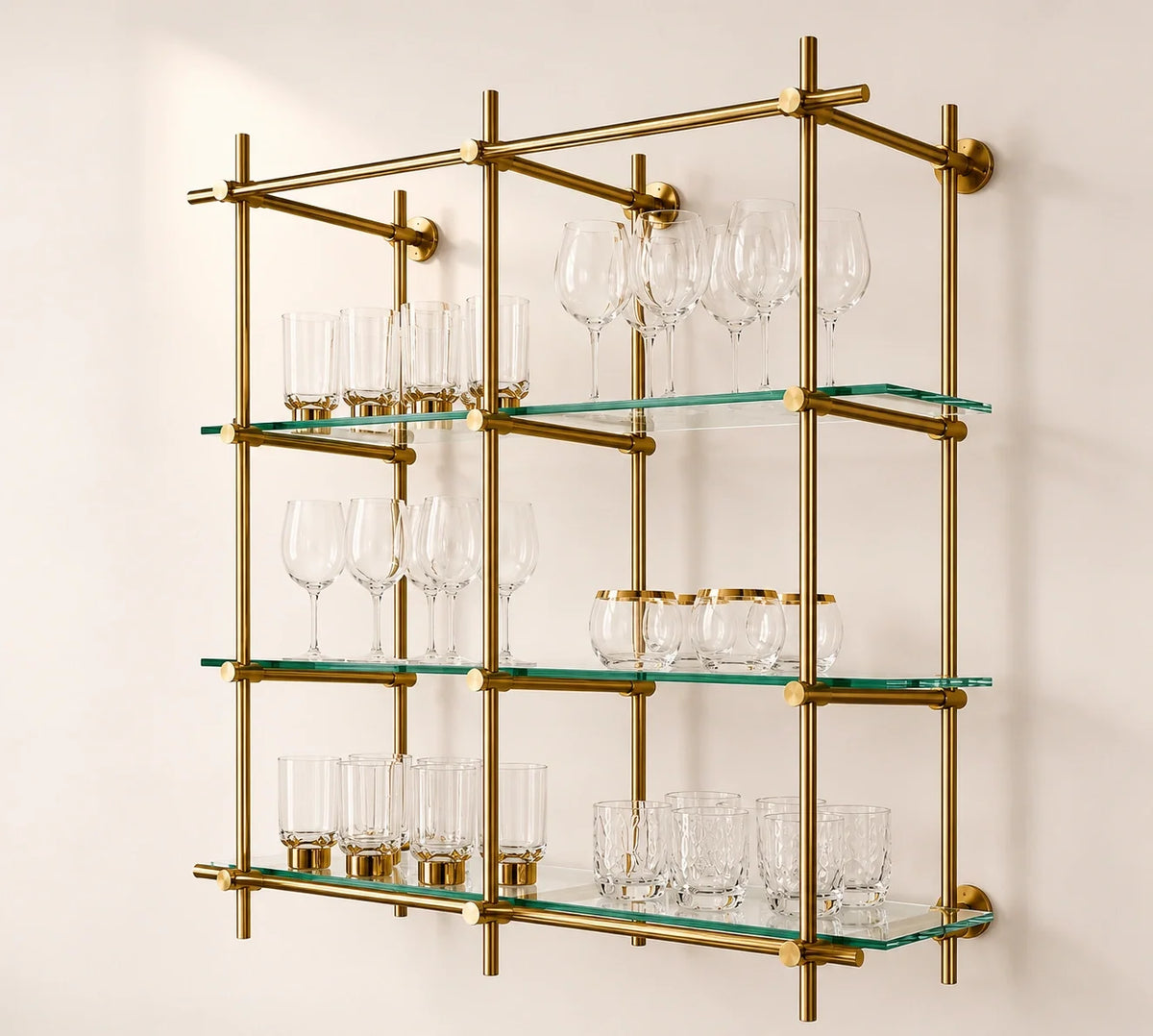 Wall-Mounted Solid Brass Bistro Shelving with Glass, 2-Bay – 50″ Wide