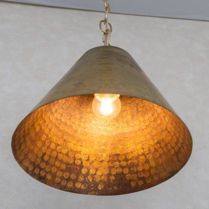 Aged Brass Cone Pendant Light - Industrial Hand-Hammered Tapered Lamp