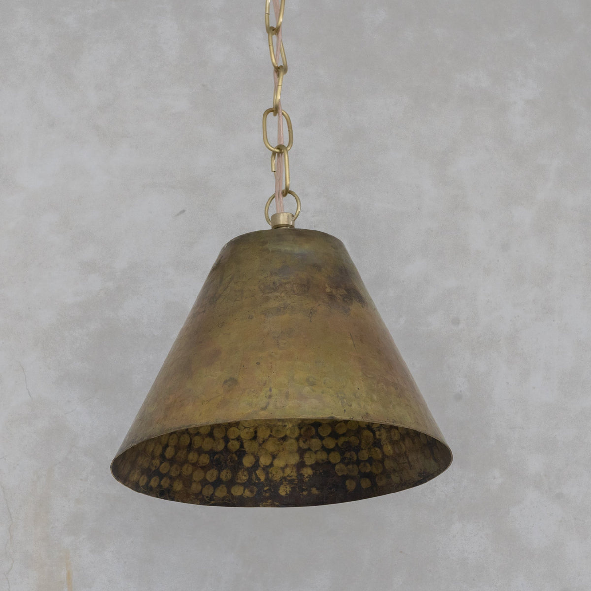 Aged Brass Cone Pendant Light - Industrial Hand-Hammered Tapered Lamp