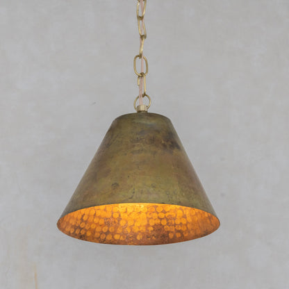 Aged Brass Cone Pendant Light - Industrial Hand-Hammered Tapered Lamp