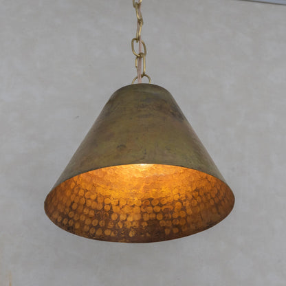 Aged Brass Cone Pendant Light - Industrial Hand-Hammered Tapered Lamp