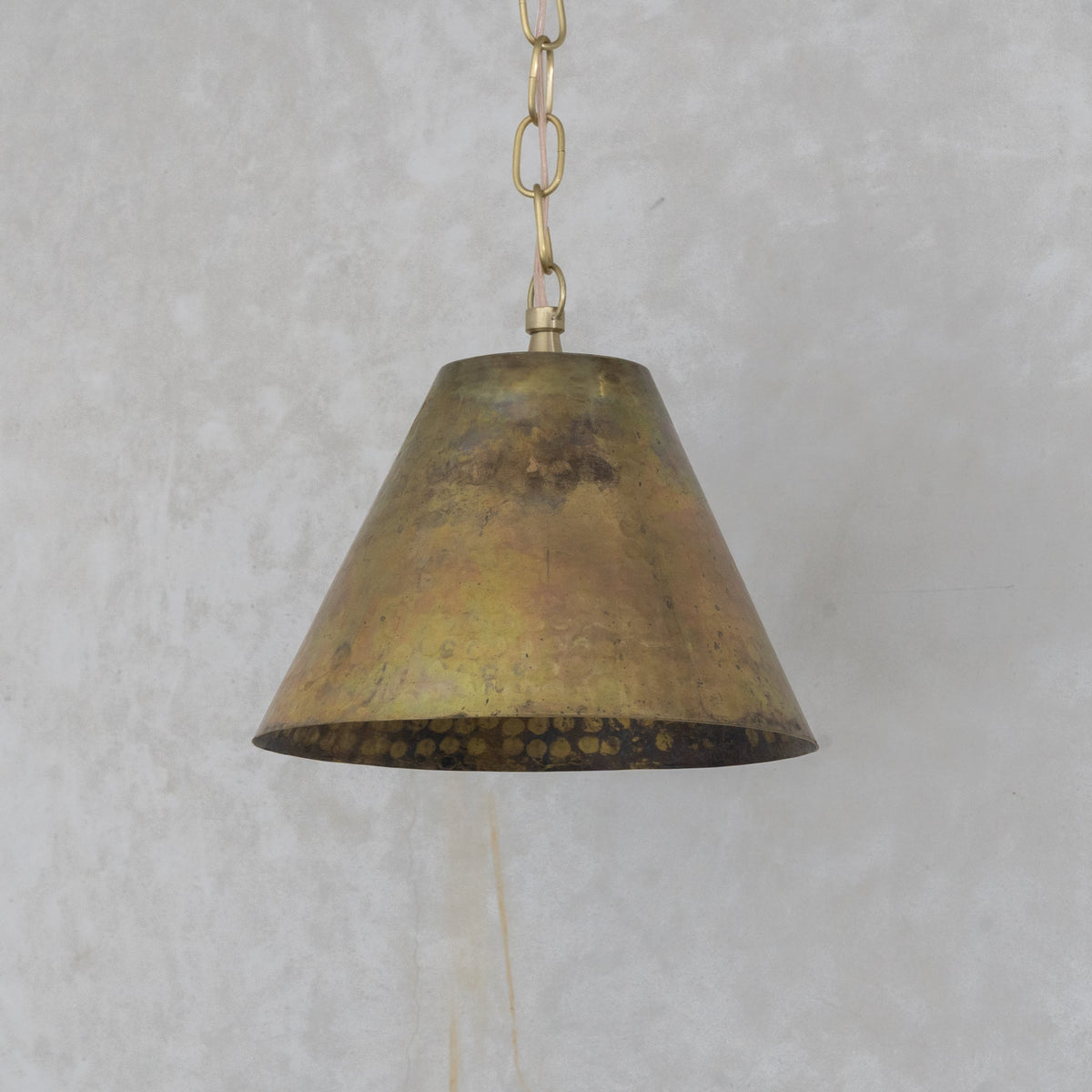 Aged Brass Cone Pendant Light - Industrial Hand-Hammered Tapered Lamp