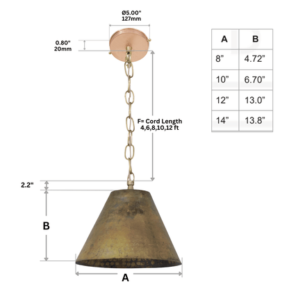 Aged Brass Cone Pendant Light - Industrial Hand-Hammered Tapered Lamp
