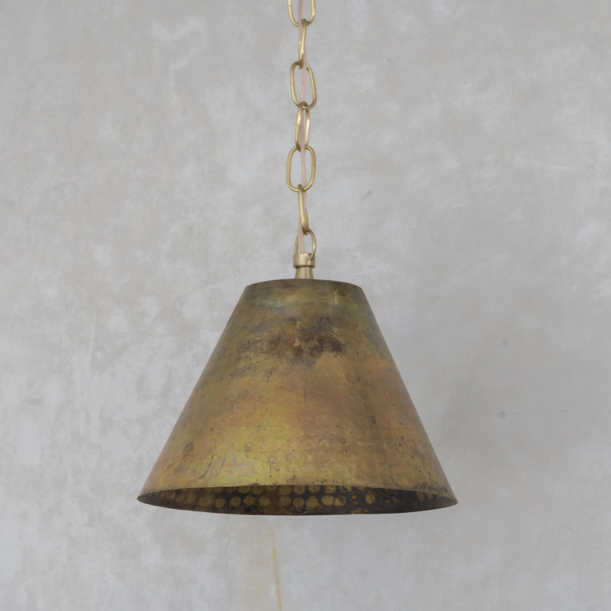 Aged Brass Cone Pendant Light - Industrial Hand-Hammered Tapered Lamp