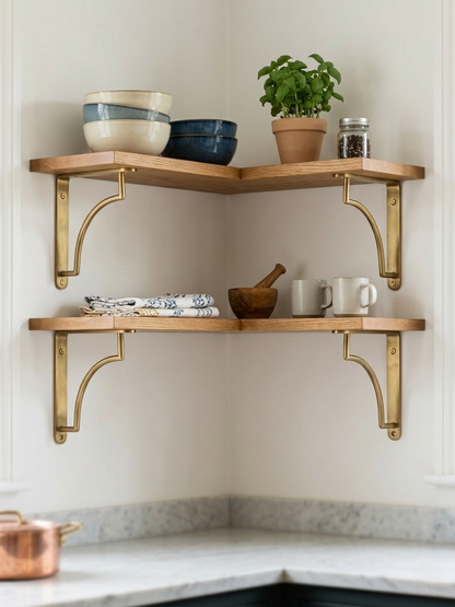 Noble Brass Heavy Duty Hand-Finished Unlacquered Brass Shelf Bracket | Solid Brass Support For Kitchen & Living Room Shelving