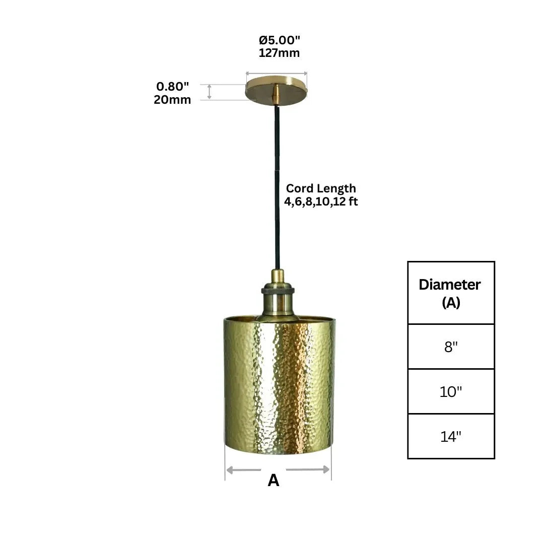 Brass Pendant Light, Hammered Brass Cylindric Pendant Light, Ceiling Light