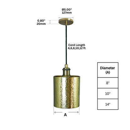 Brass Pendant Light, Hammered Brass Cylindric Pendant Light, Ceiling Light