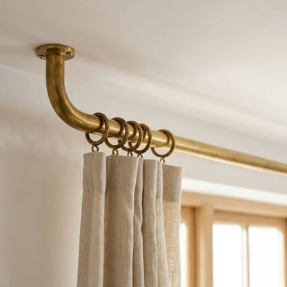 Ceiling Curtain Rod – French Return Curtain Rod With Brass Rings, Unlacquered brass