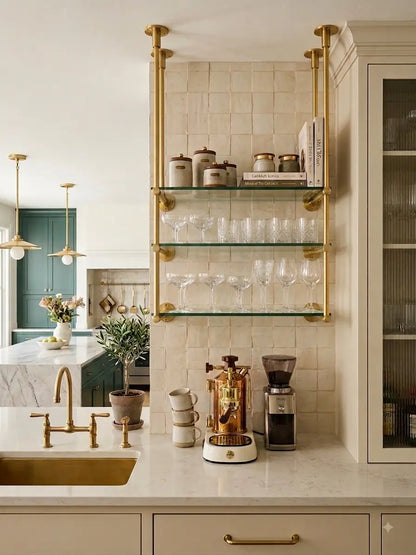 Ceiling And Wall Mounted Shelving, Open Shelving With Glass For Kitchen, 50"H x 35"W × 10"D