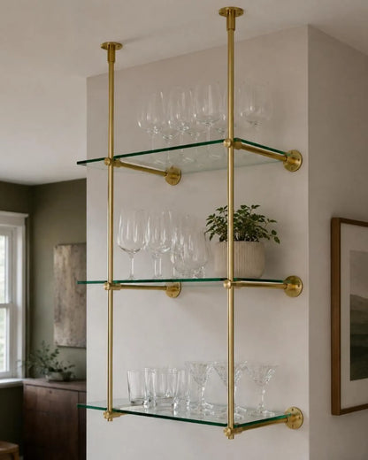Ceiling And Wall Mounted Shelving, Kitchen Display Shelving | Handmade Unlacquered Brass Shelving
